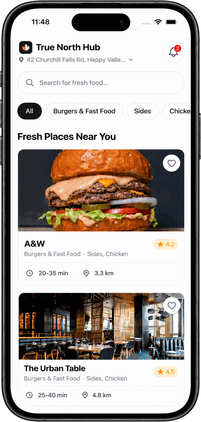 Customer app home screen: saved address, cuisine filters, and nearby restaurants with rating, prep time and distance