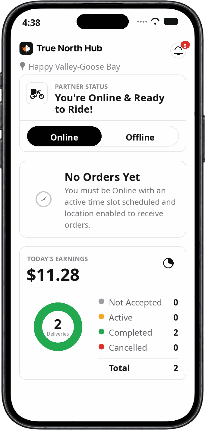 Delivery partner app home screen: Online or Offline status, order availability notice and today's earnings with a delivery breakdown