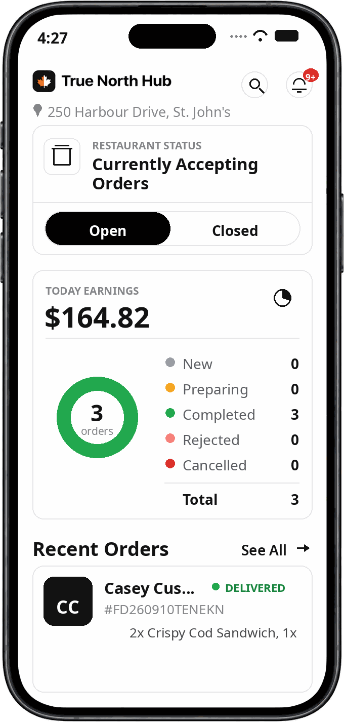 Restaurant app home screen: Open or Closed status, today's earnings, a live order breakdown and recent orders